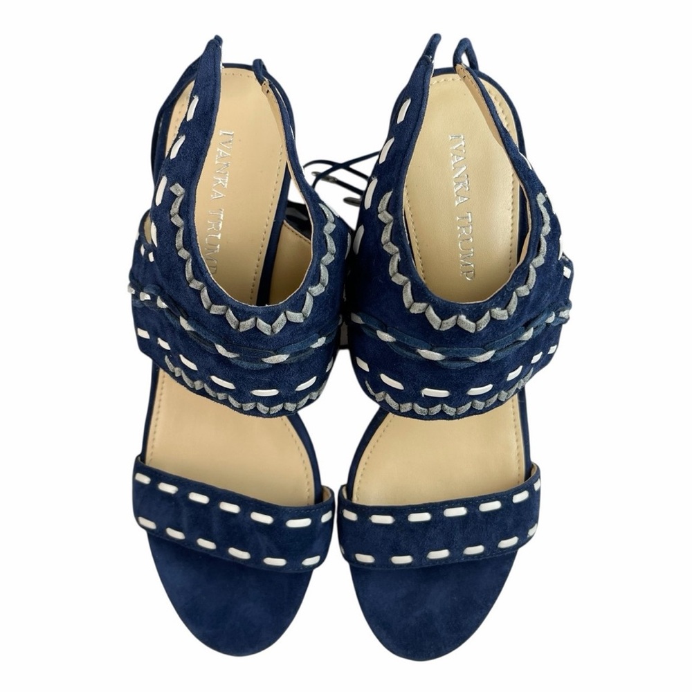 Ivanka Trump Navy Suede Lace-Up Sandals with White Stitching